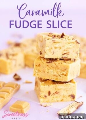 A stack of three pieces of Caramilk fudge slice