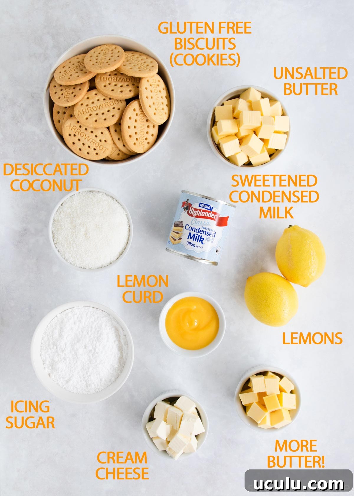 The lemon slice ingredients in bowls on a grey background.