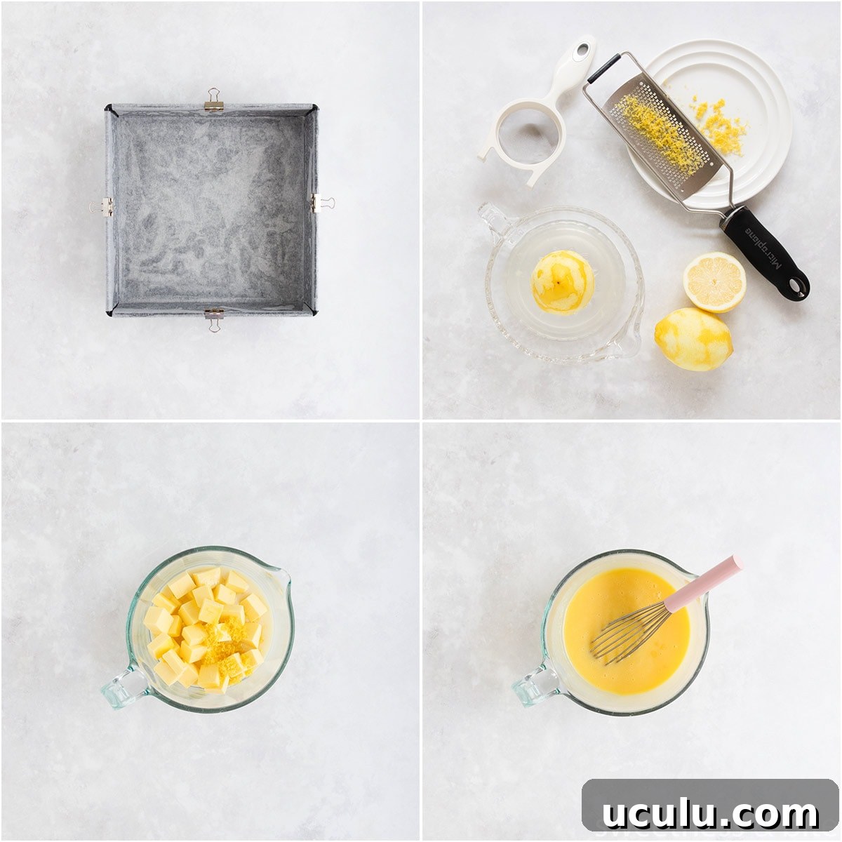 Collage of four images showing the prepared pan, lemons being zested and juice, and the wet ingredients being mixed.