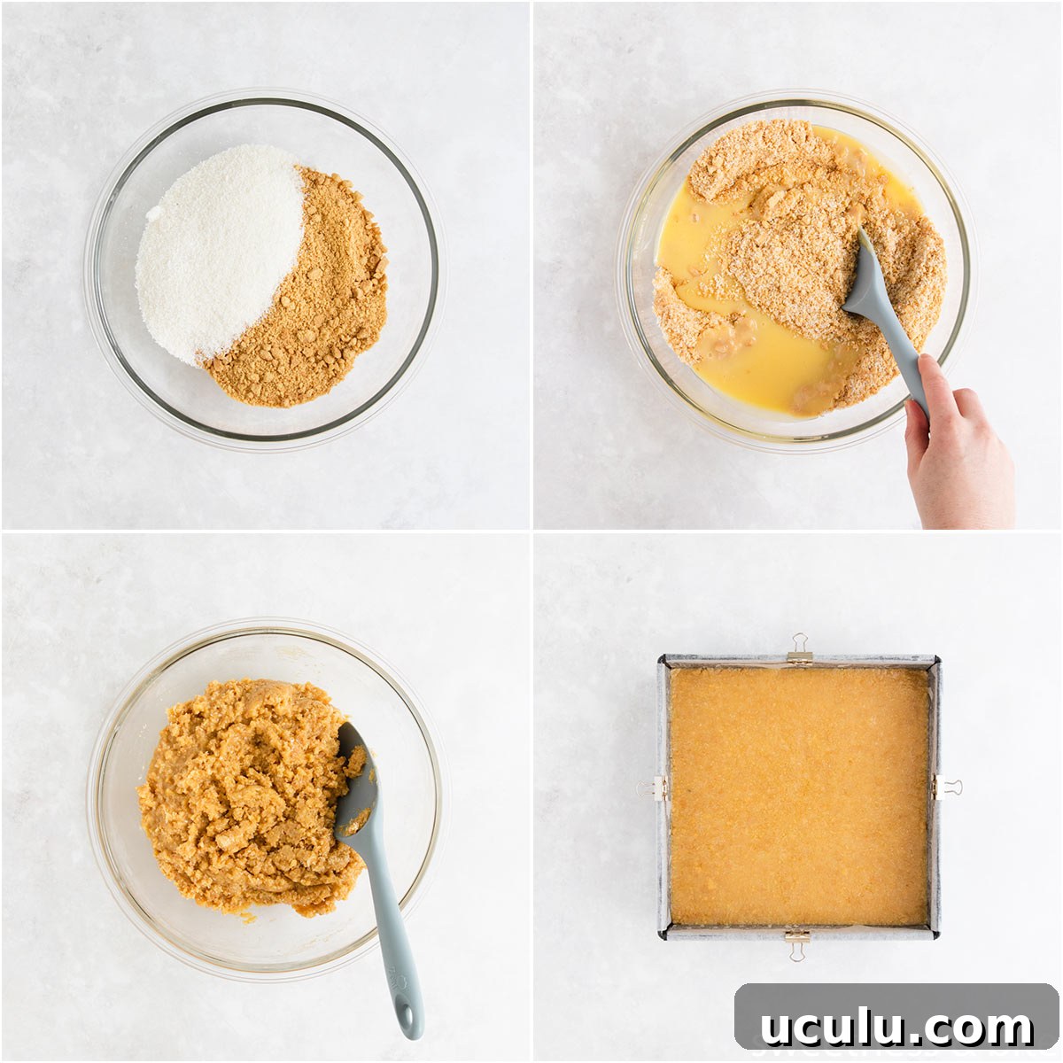 Collage of four images showing the dry ingredients in a bowl, the wet ingredients being added, and the mixture being pressed into the pan.