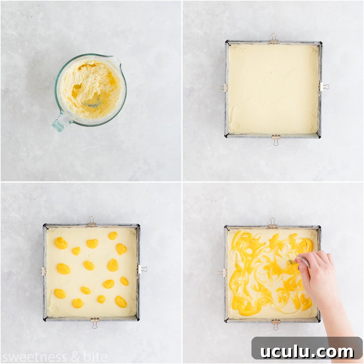 Collage of four images showing the cream cheese icing being made, and lemon curd being swirled into it.