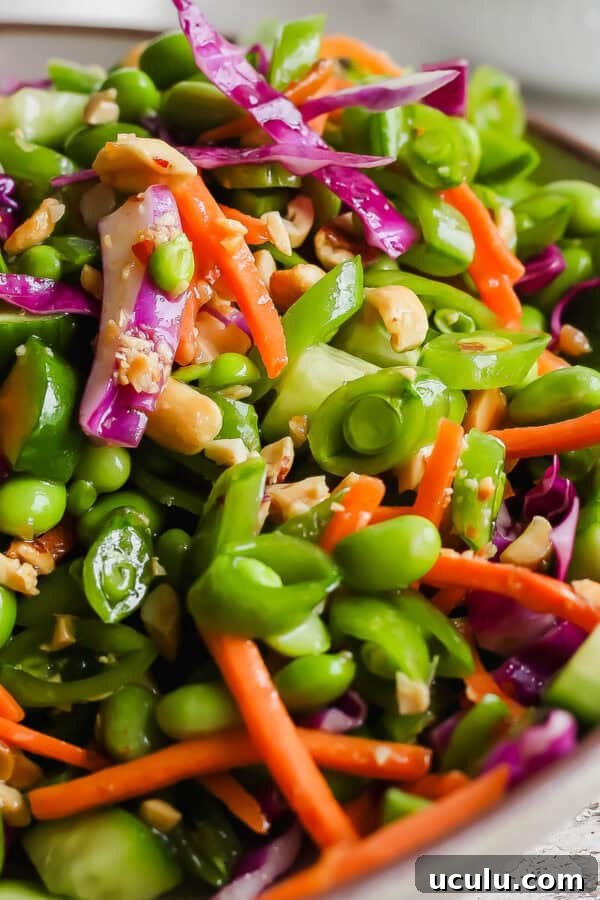 A bowl filled with a chopped pea salad with carrots, edamame, cabbage and chopped peanuts.