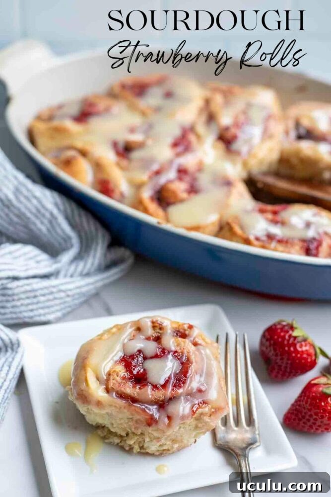 A sourdough strawberry roll on a white plate with a fork. A blue baking dish with more rolls is in the background