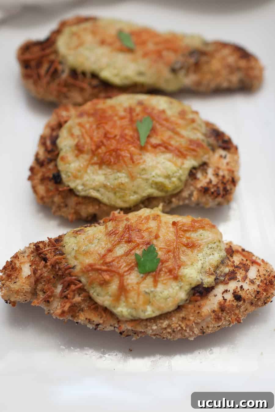 Cheesy chicken breasts covered in Parmesan and herbs on a white plate.