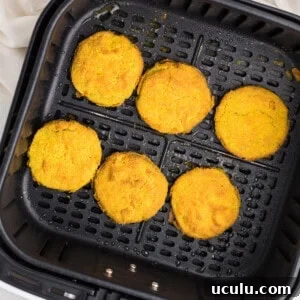 Overhead photo of air fried green tomatoes in the air fryer basket