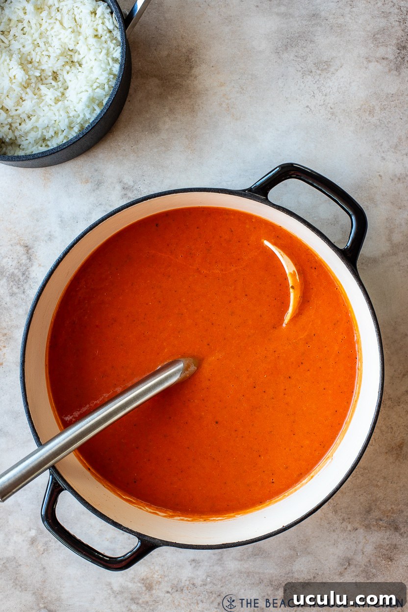 Overhead photo of a pot of creamy tomato soup with a pot of white rice off to the side