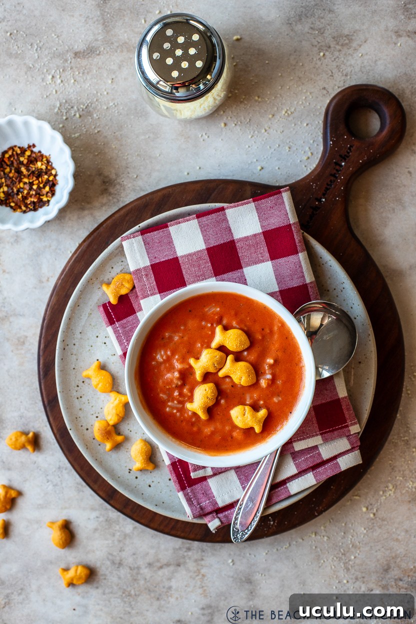 Overhead photo of a bowl of creamy tomato rice soup topped with cheddar goldfish crackers