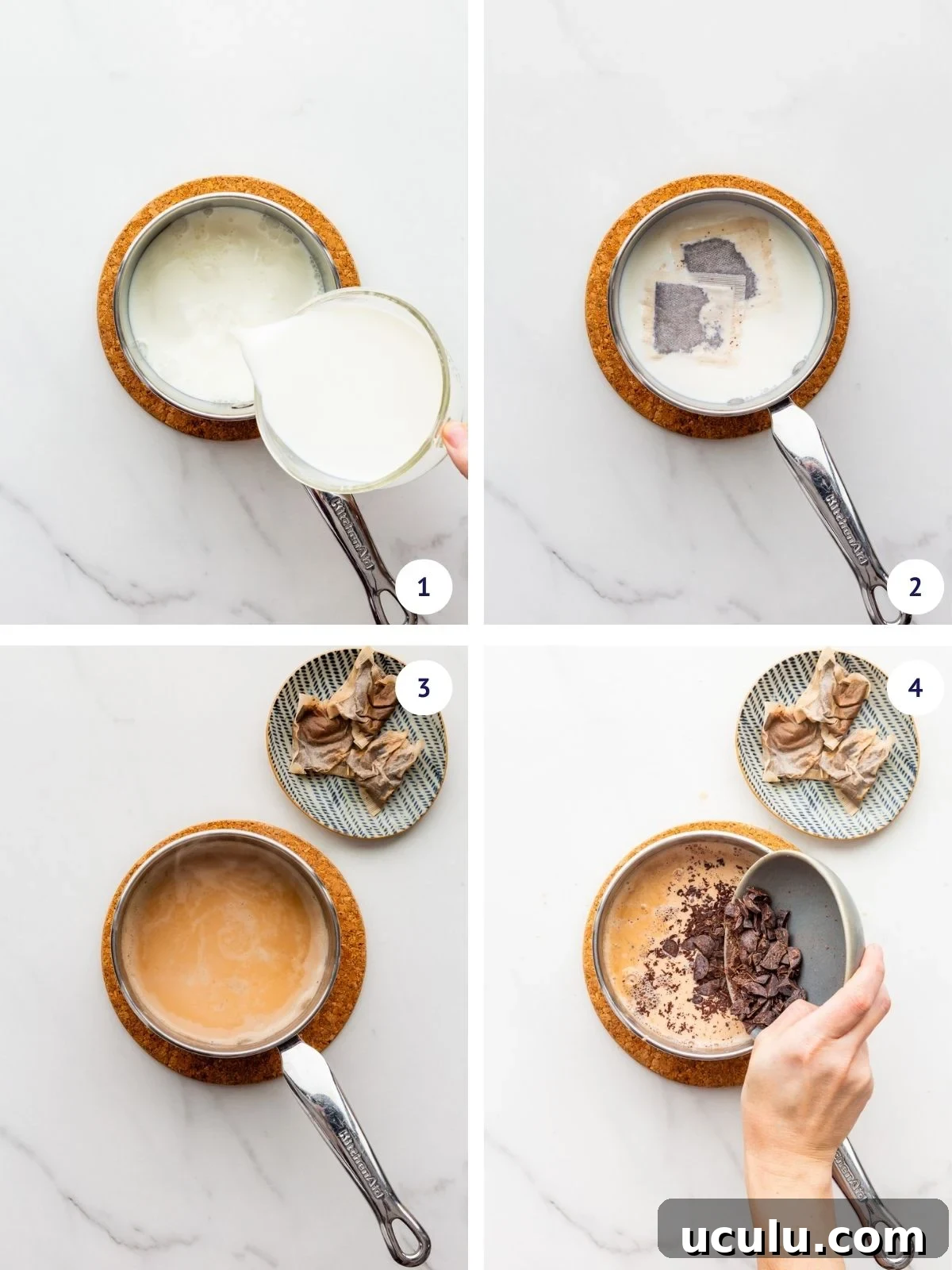 Heating milk in a saucepan and adding chopped dark chocolate to make homemade hot chocolate.