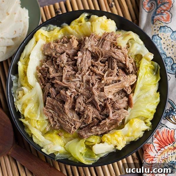 Low-Carb Instant Pot Recipes for Quick Weeknight Meals 16 kalua pork over cooked cabbage in a black bowl