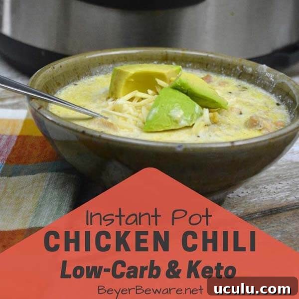 Low-Carb Instant Pot Recipes for Quick Weeknight Meals 8 chicken chili in an olive-green bowl with spoon in front of a pressure cooker