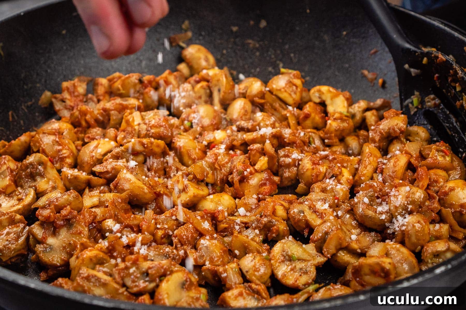 Indian Mushroom Bhaji Recipe | Flavorful Mushroom Curry Guide 22 Sprinkling salt over the mushroom curry cooking in a frying pan