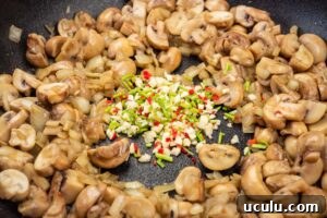 Indian Mushroom Bhaji Recipe | Flavorful Mushroom Curry Guide 8 chopped mushrooms and fried chopped onions in a frying pan with Chopped coriander stems,garlic and chilli in the middle of the pan