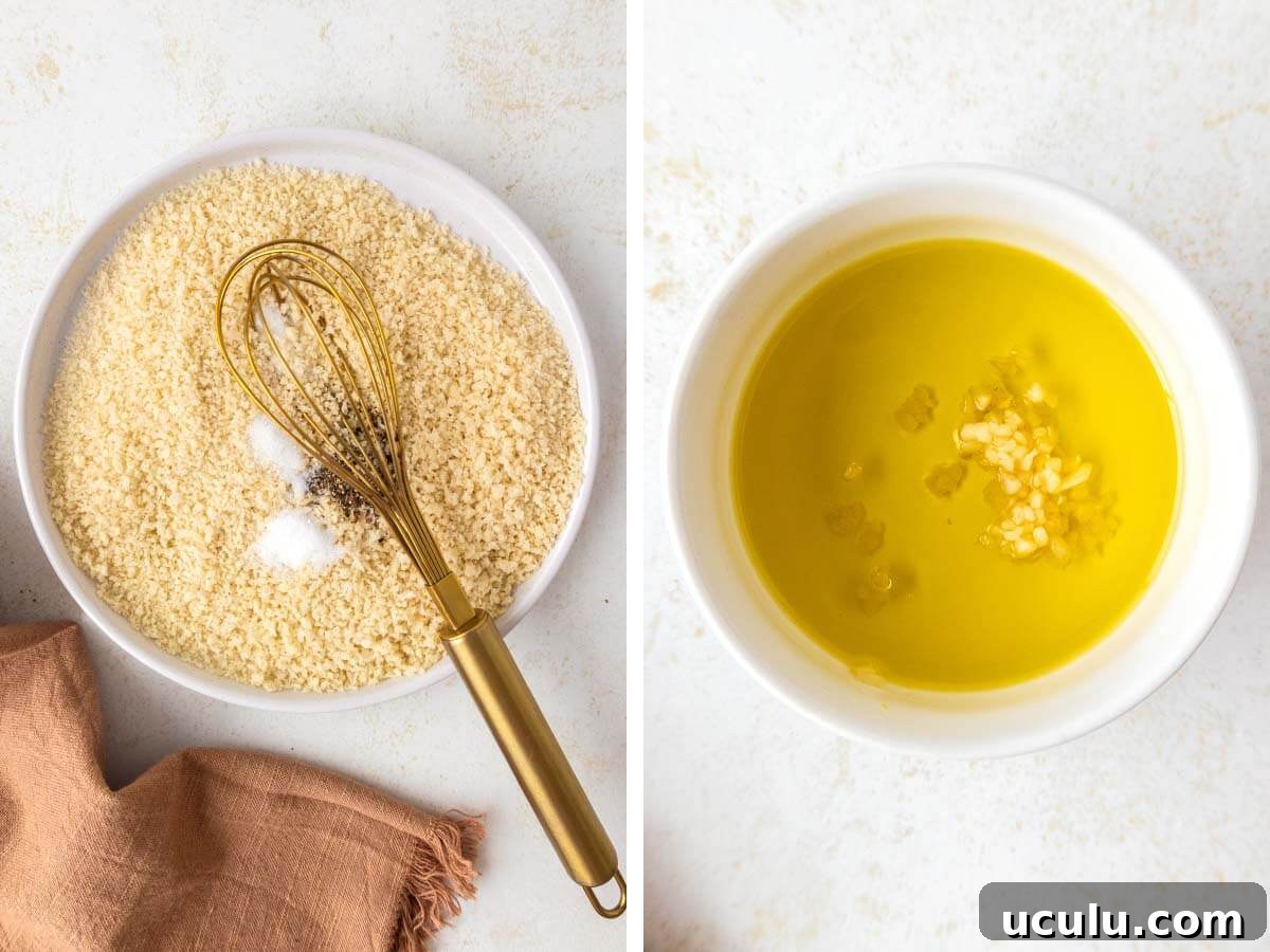 plate of breadcrumbs & whisk, ramekin of garlic-olive oil