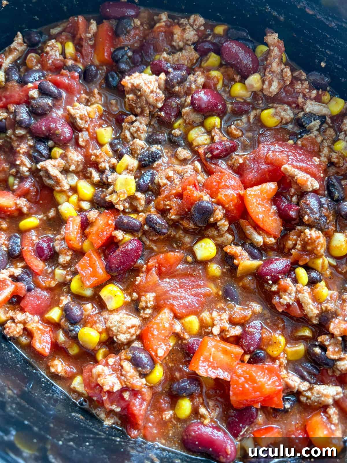 Slow cooker turkey chili before cooking.