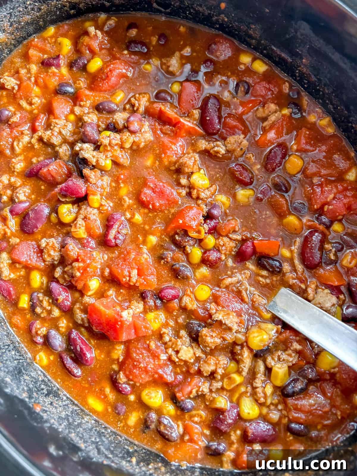 Slow cooker turkey chili after cooking.