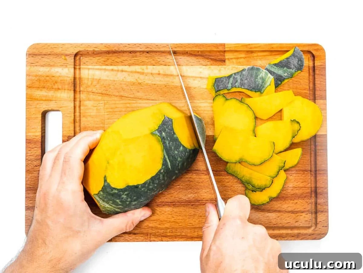 Roasted Kabocha Squash Recipe with Crispy Herb Crust 11 peeling kabocha squash
