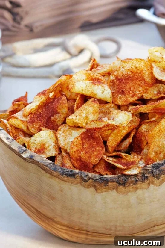 A carved wooden bowl filled with barbecue potato chips.